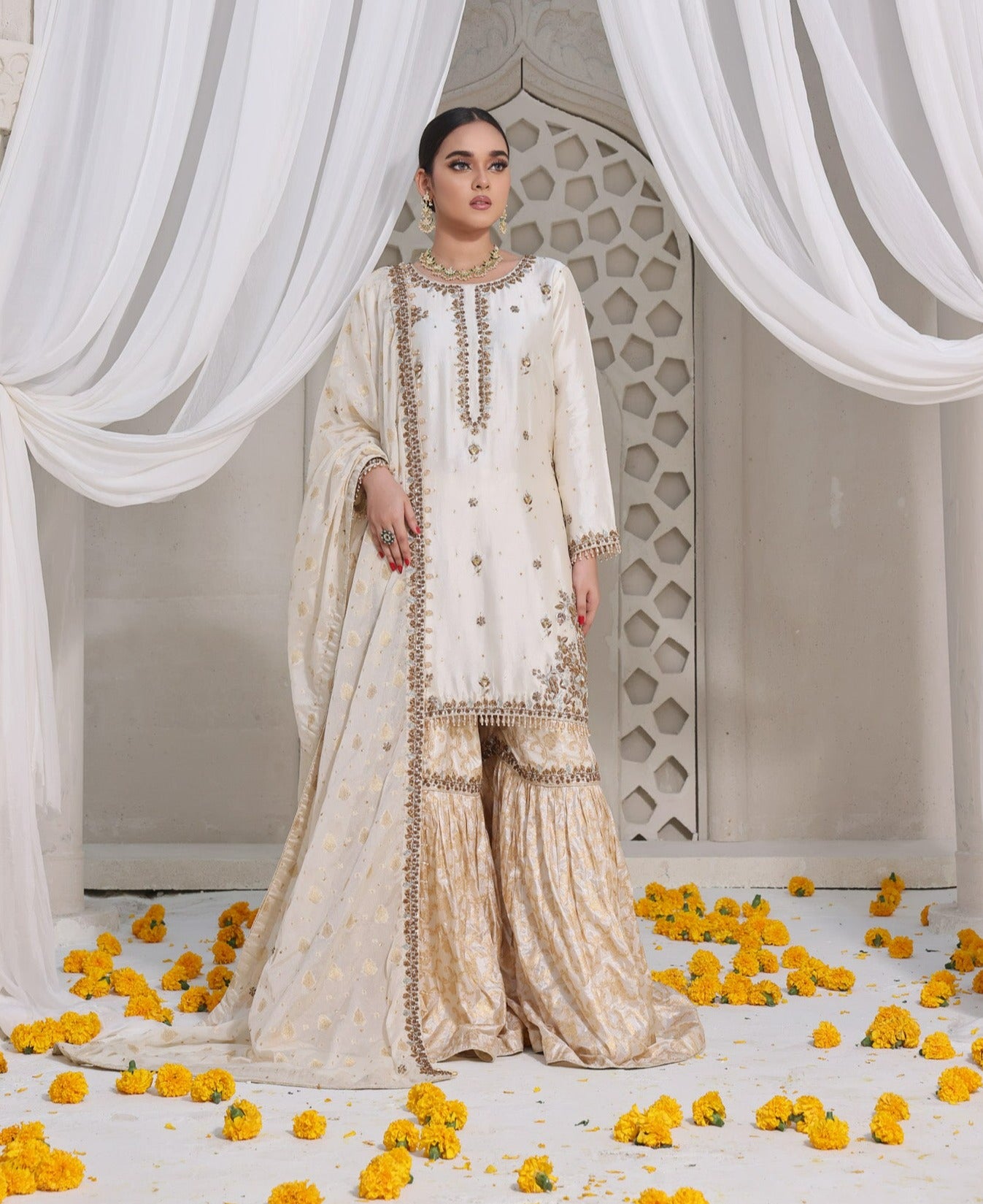 Zahirah Hand Embroidered White Gold Nikkah Dresses Karigur