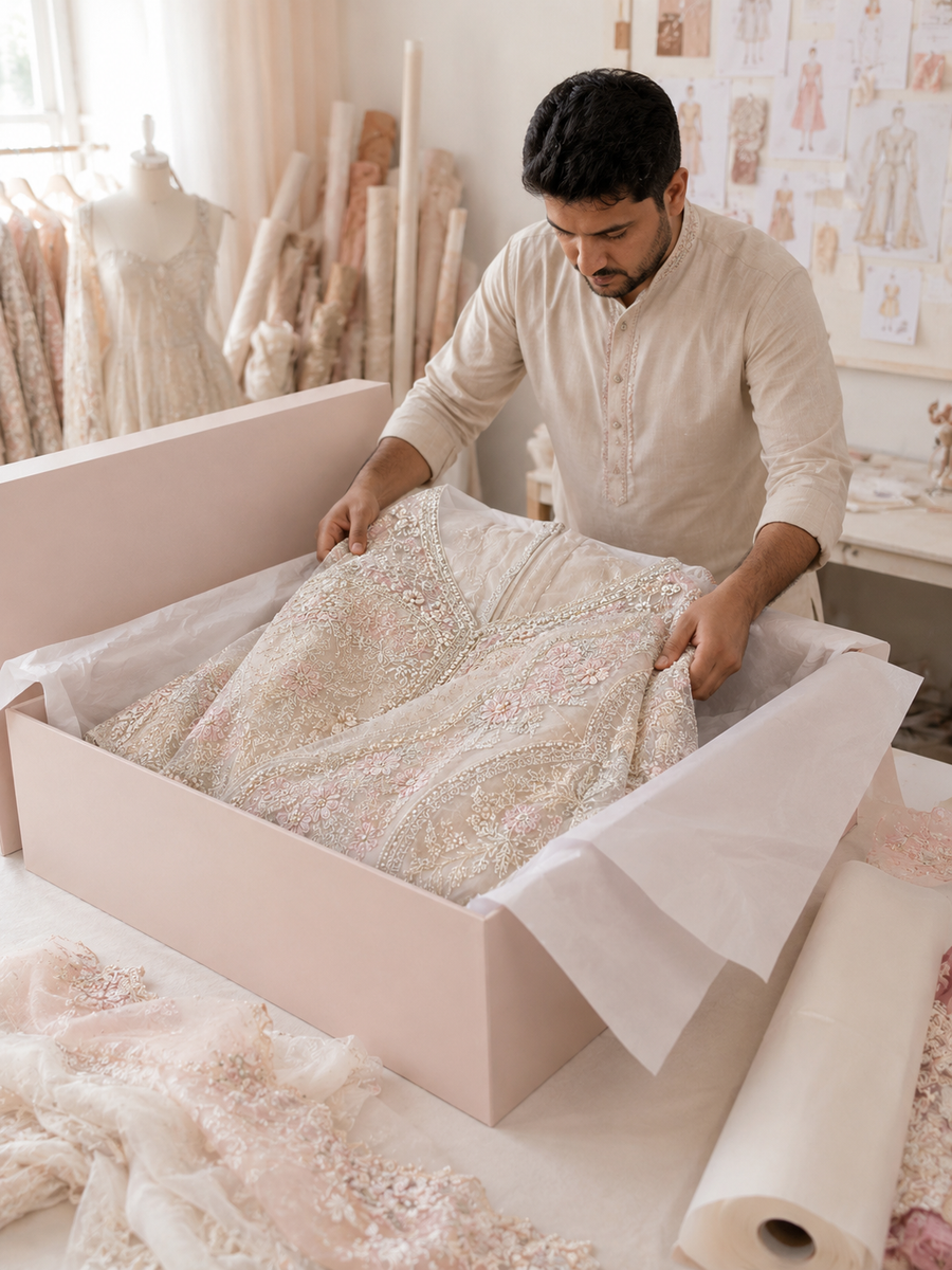 Final hand-finishing and fitting of a completed bridal outfit at the flagship.