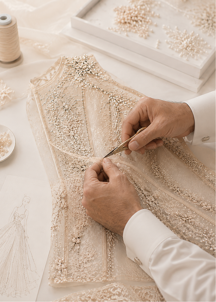 A master cutter assembling embroidered panels into a bridal silhouette.