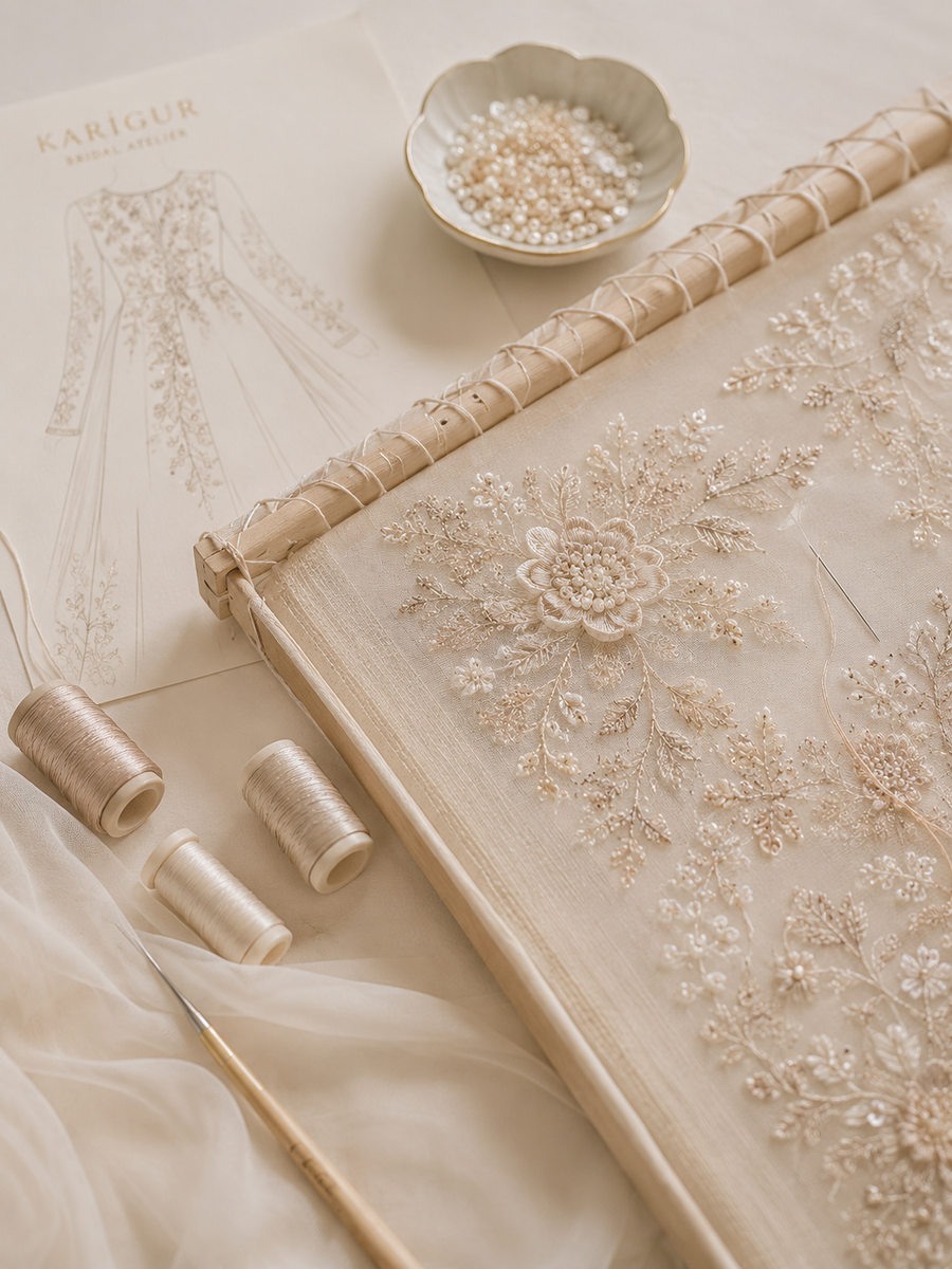 Karigar embroidering gold zardozi on bridal fabric stretched over an adda frame.