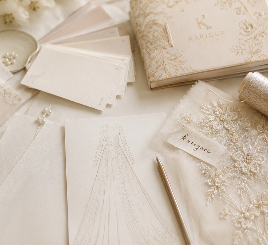 A design khaka being traced onto bridal fabric before embroidery begins.