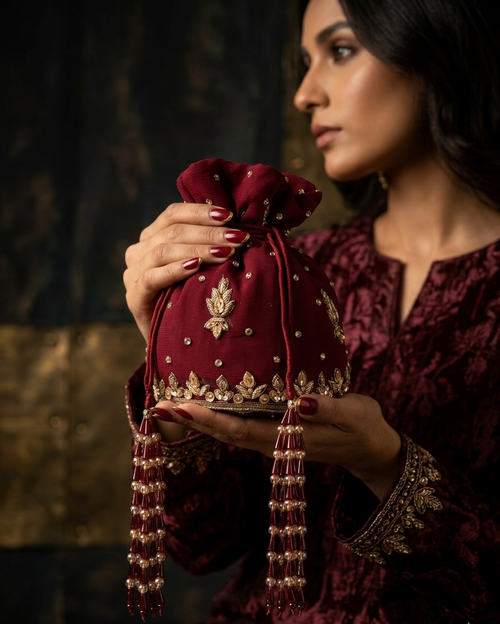 Burgundy Pearl Tassel Potli - wedding accessory by Karigur Bridal