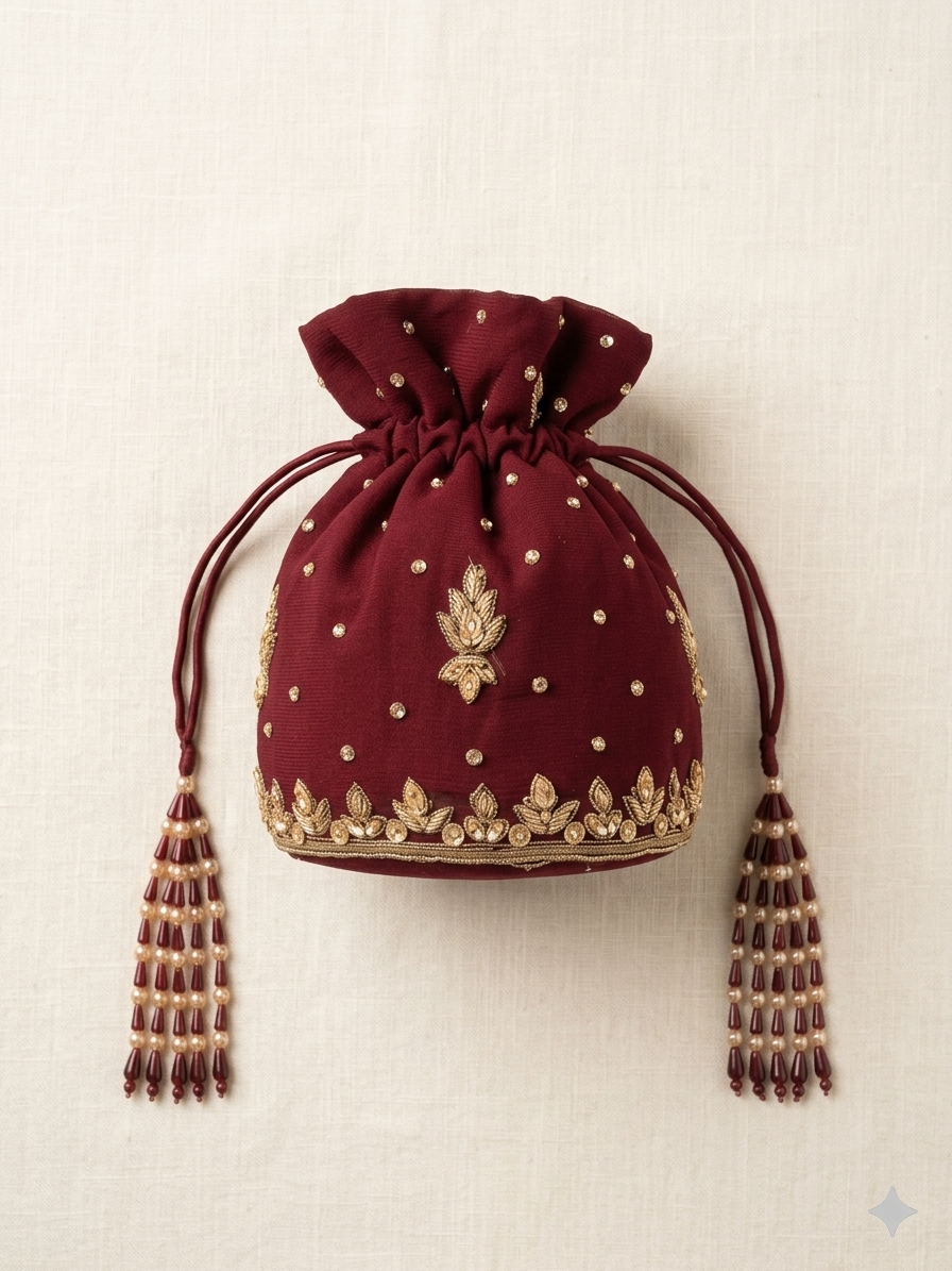 Burgundy Pearl Tassel Potli - wedding accessory by Karigur Bridal, view 2
