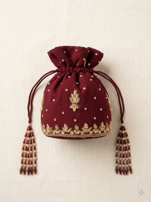 Burgundy Pearl Tassel Potli - wedding accessory by Karigur Bridal, view 2