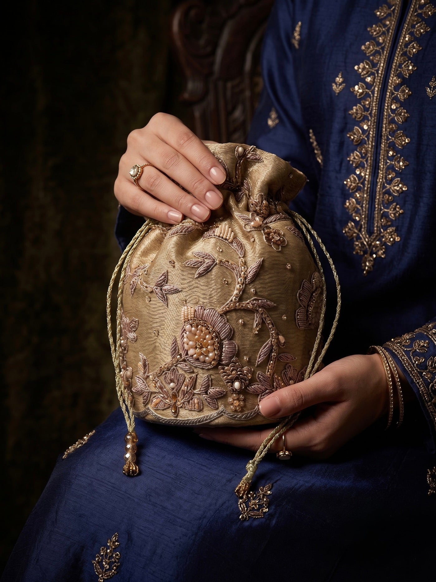 Champagne Bloom Potli - wedding accessory by Karigur Bridal