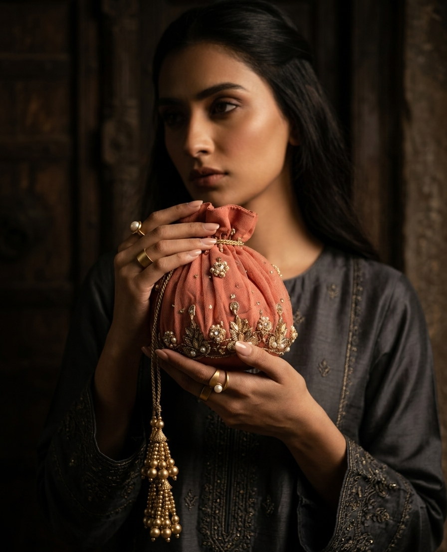 Coral Pearl Bloom Potli - wedding accessory by Karigur Bridal