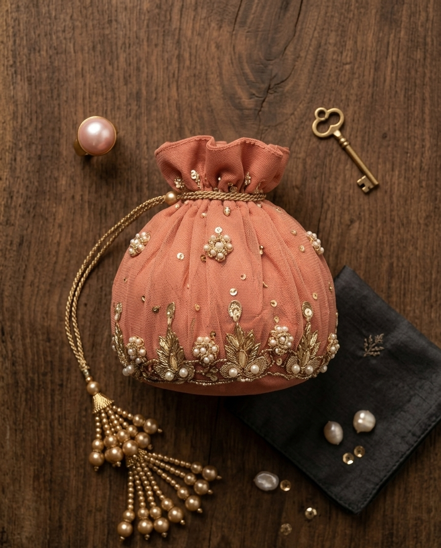 Coral Pearl Bloom Potli - wedding accessory by Karigur Bridal, view 2