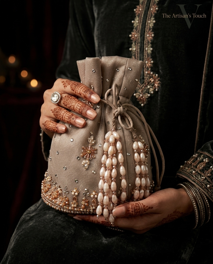 Grey Pearl Cascade Potli - wedding accessory by Karigur Bridal
