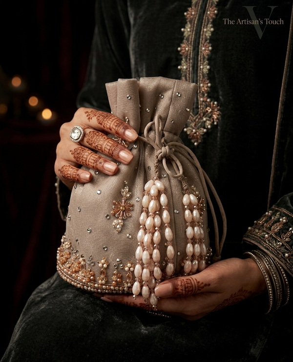 Grey Pearl Cascade Potli - wedding accessory by Karigur Bridal
