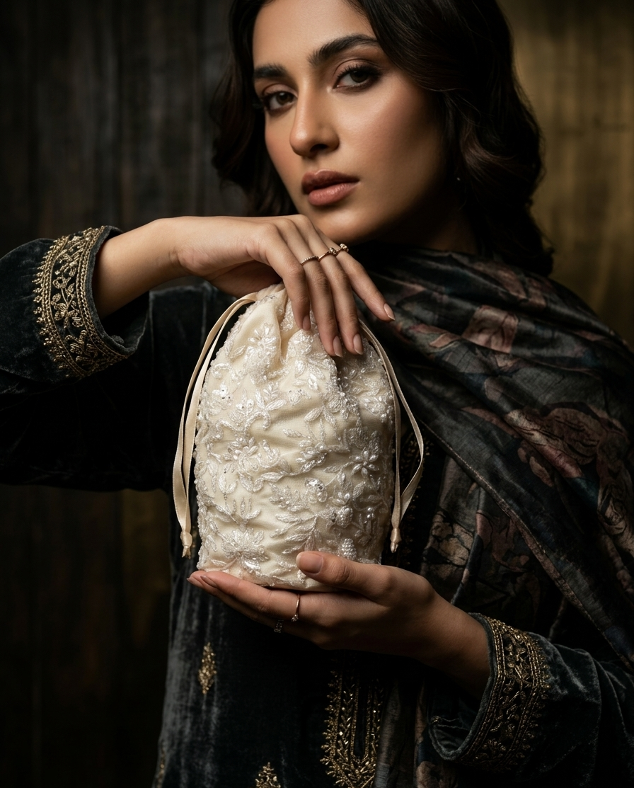 Ivory Fleur Potli - wedding accessory by Karigur Bridal