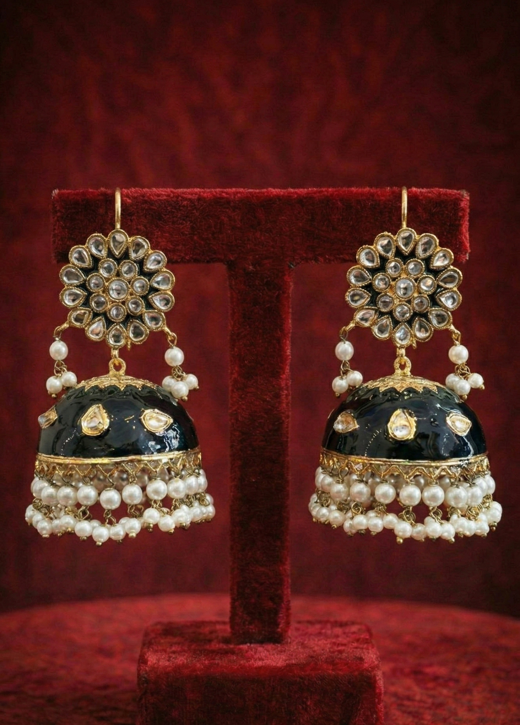 Midnight Kundan Jhumka Set - wedding accessory by Karigur Bridal, view 3
