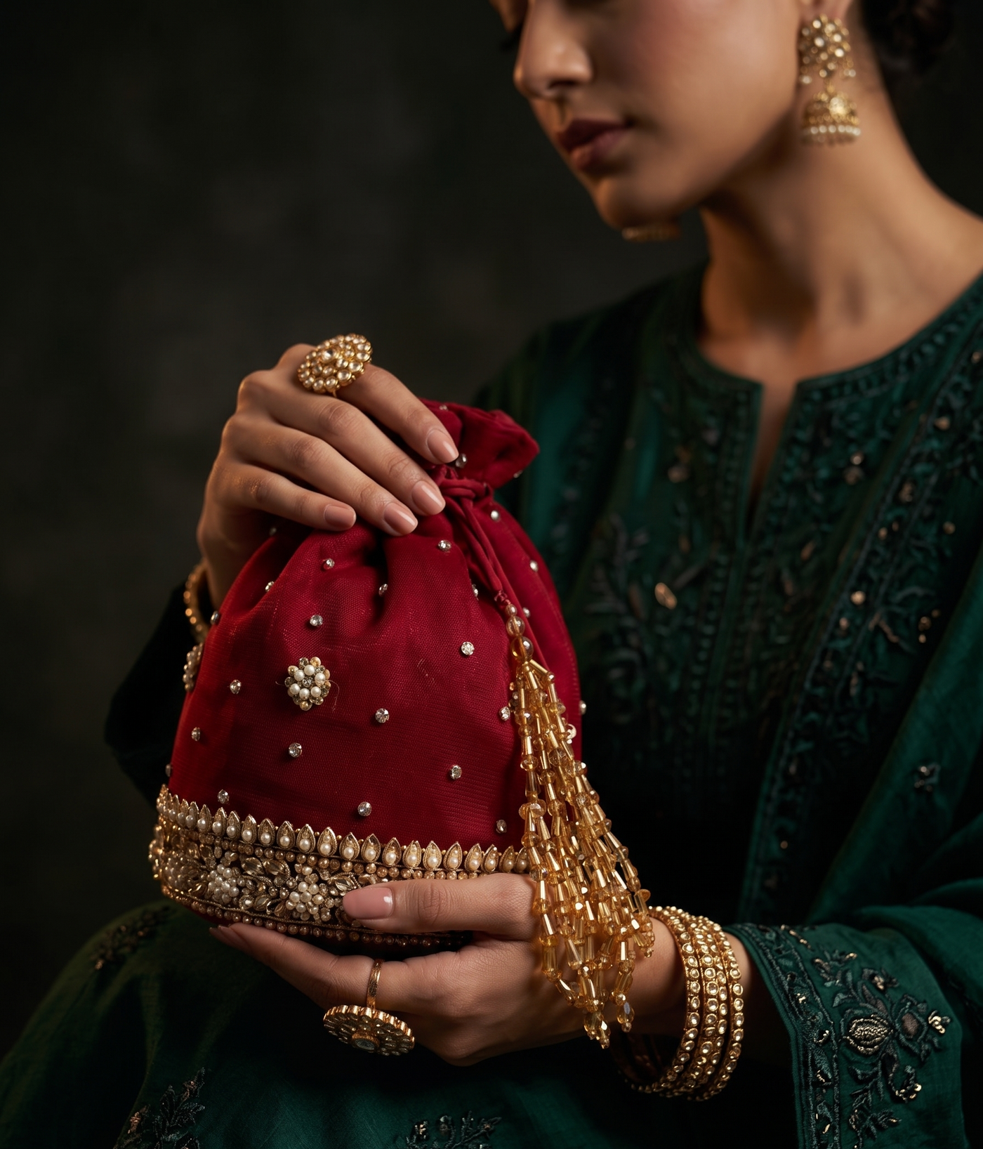 Ruby Pearl Tassel Potli - wedding accessory by Karigur Bridal
