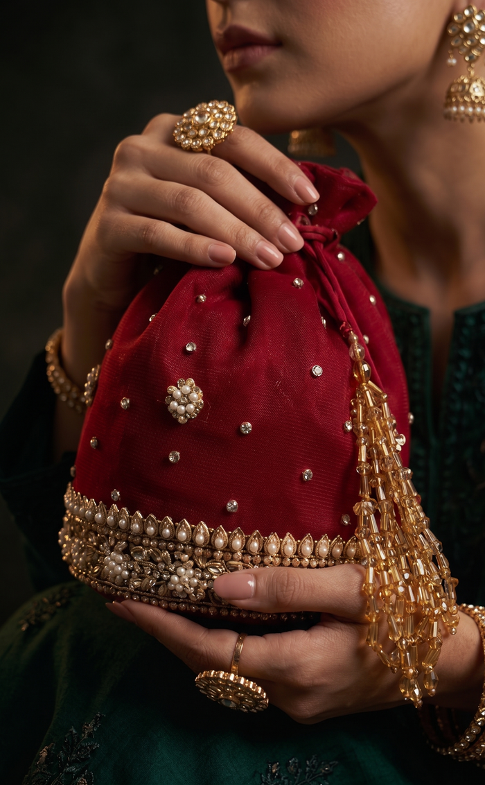 Ruby Pearl Tassel Potli - wedding accessory by Karigur Bridal, view 2