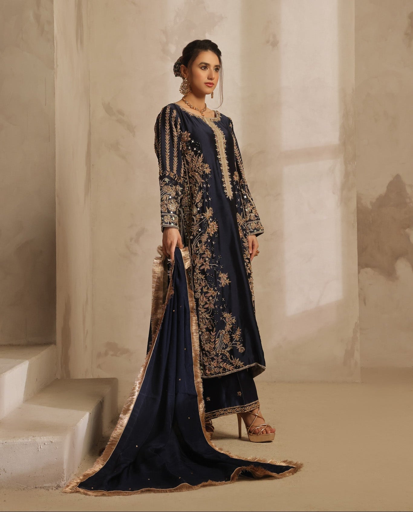 Karigur Dania navy Sheesha silk suit with embroidered front panel, jewel neckline and a kiran-edged dupatta.