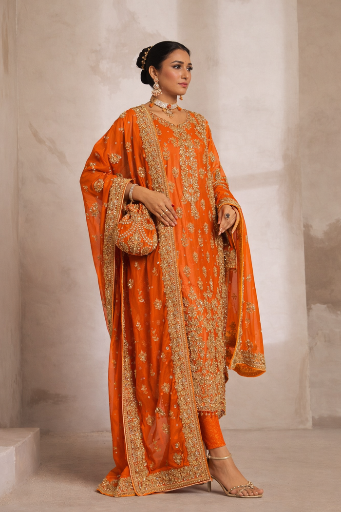 Karigur Nayira bridal suit shown in warm orange with antique-gold dabka and sequin embroidery.