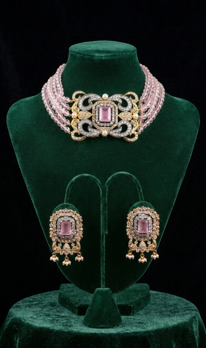 Blush Crystal Choker Set - occasion wear by Karigur Bridal