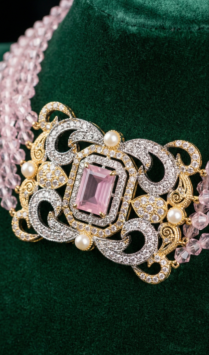 Blush Crystal Choker Set - occasion wear by Karigur Bridal, view 2