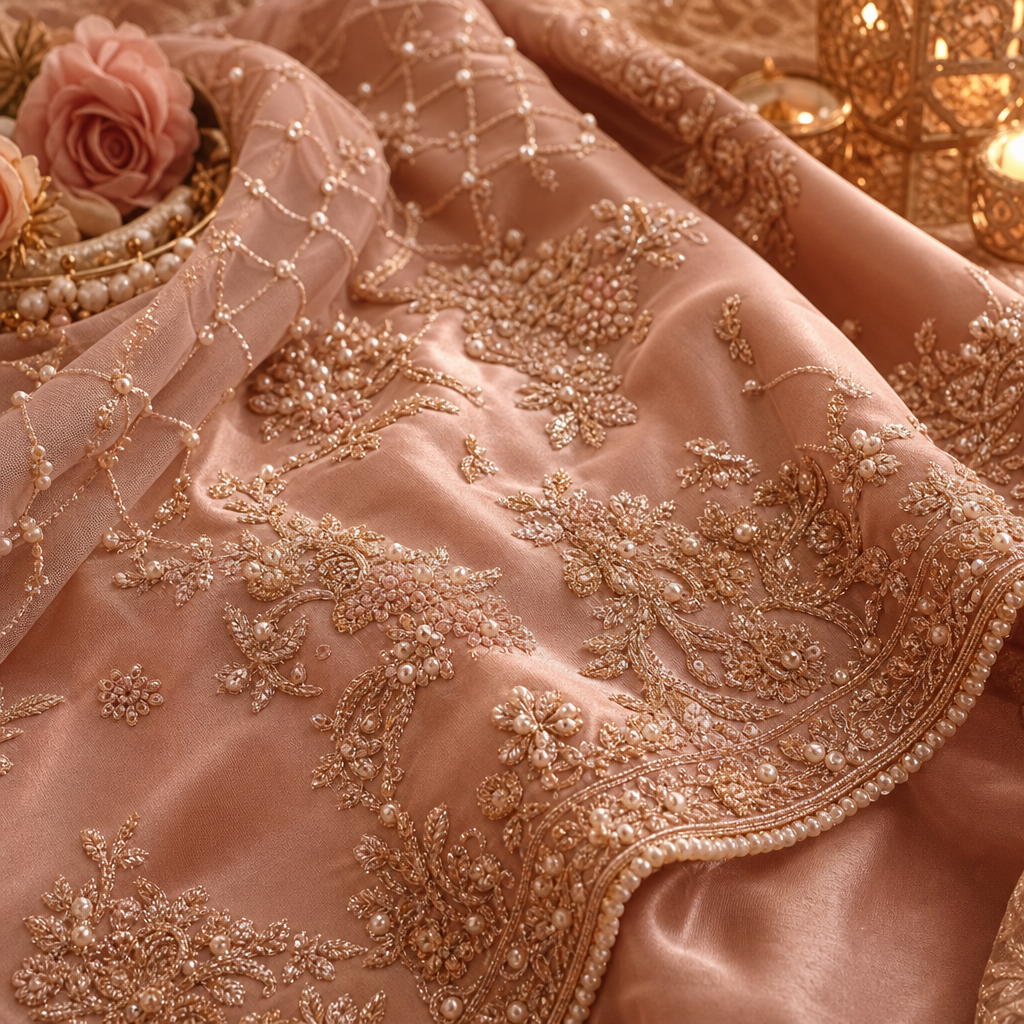 Rose-gold walima bridal fabric