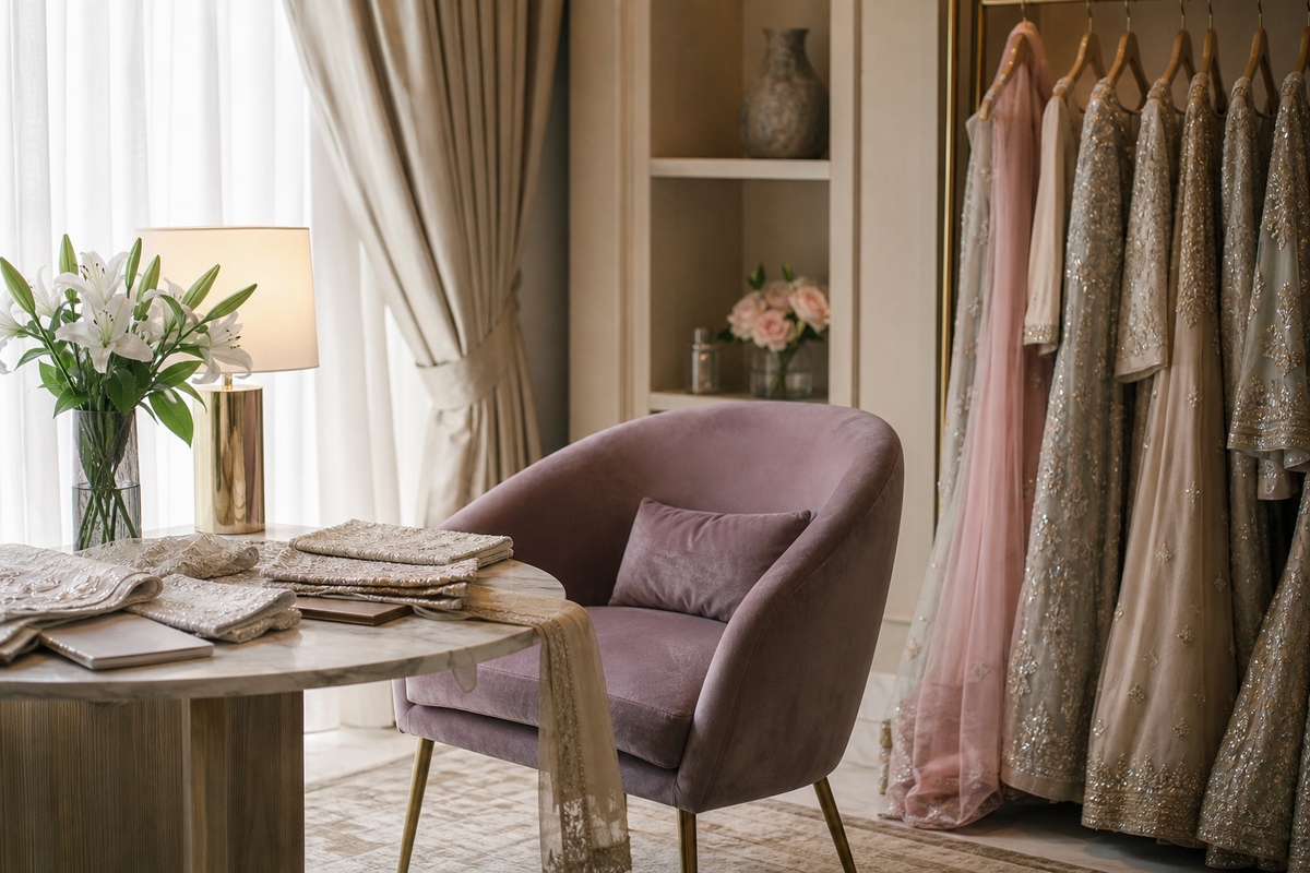 A calm private bridal consultation nook: a velvet chair, fabric swatches and a soft lamp i