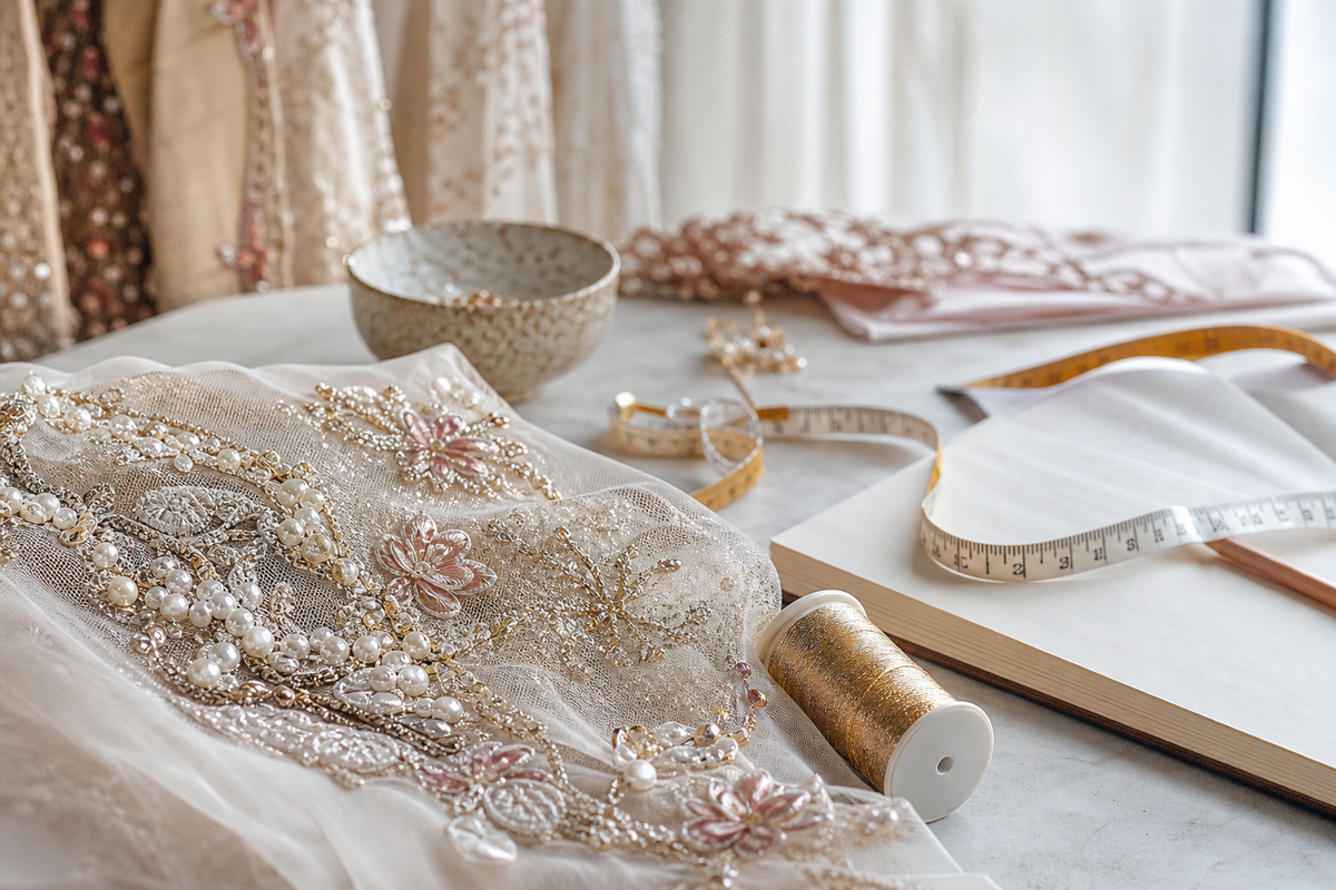 An atelier desk still life: bridal fabric swatch, gold thread, a measuring tape and a note