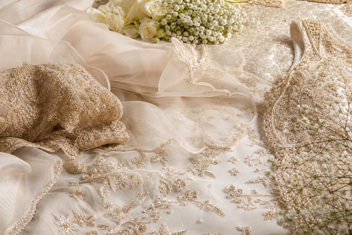 A luminous editorial bridal still life: soft ivory and gold bridal fabric draped with deli