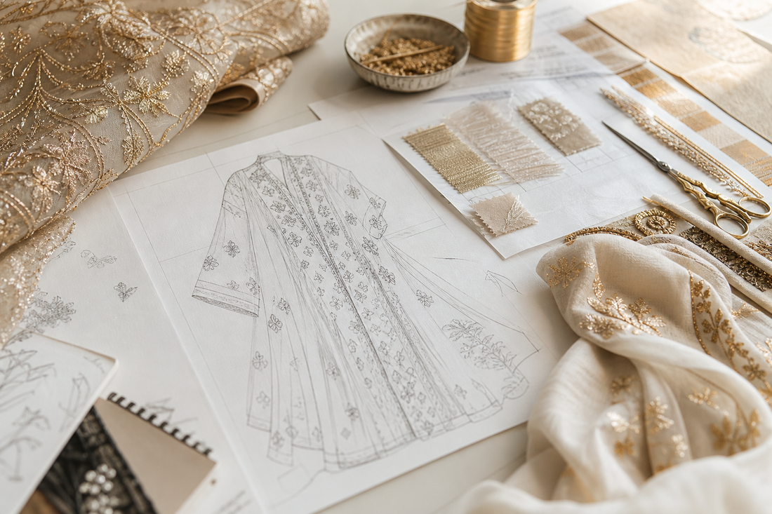 An atelier worktable: a hand-drawn khaka embroidery sketch, fabric swatches, gold threads
