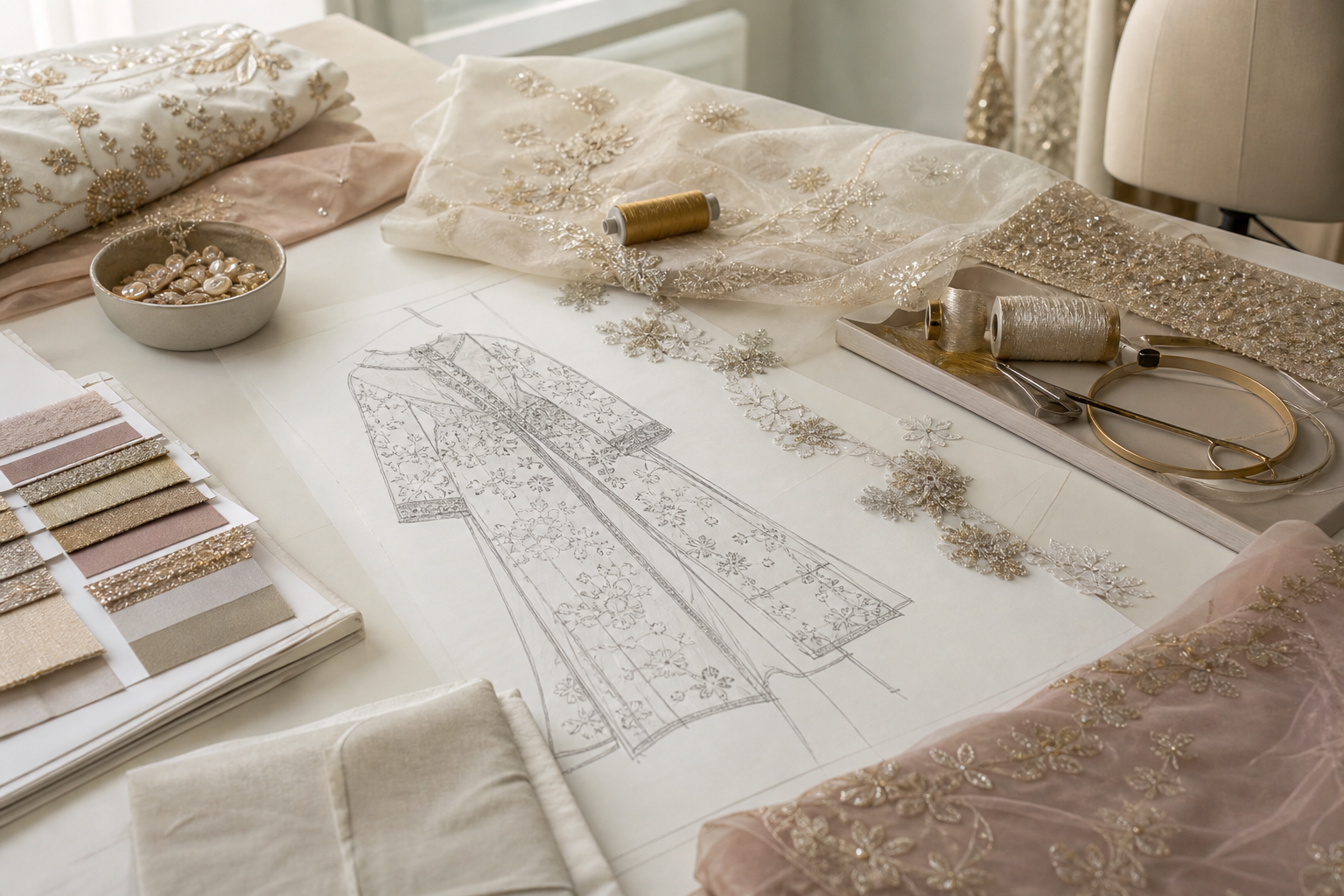 An atelier worktable: a hand-drawn khaka embroidery sketch, fabric swatches, gold threads