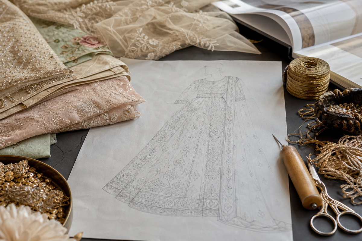 An atelier worktable: a hand-drawn khaka embroidery sketch, fabric swatches, gold threads