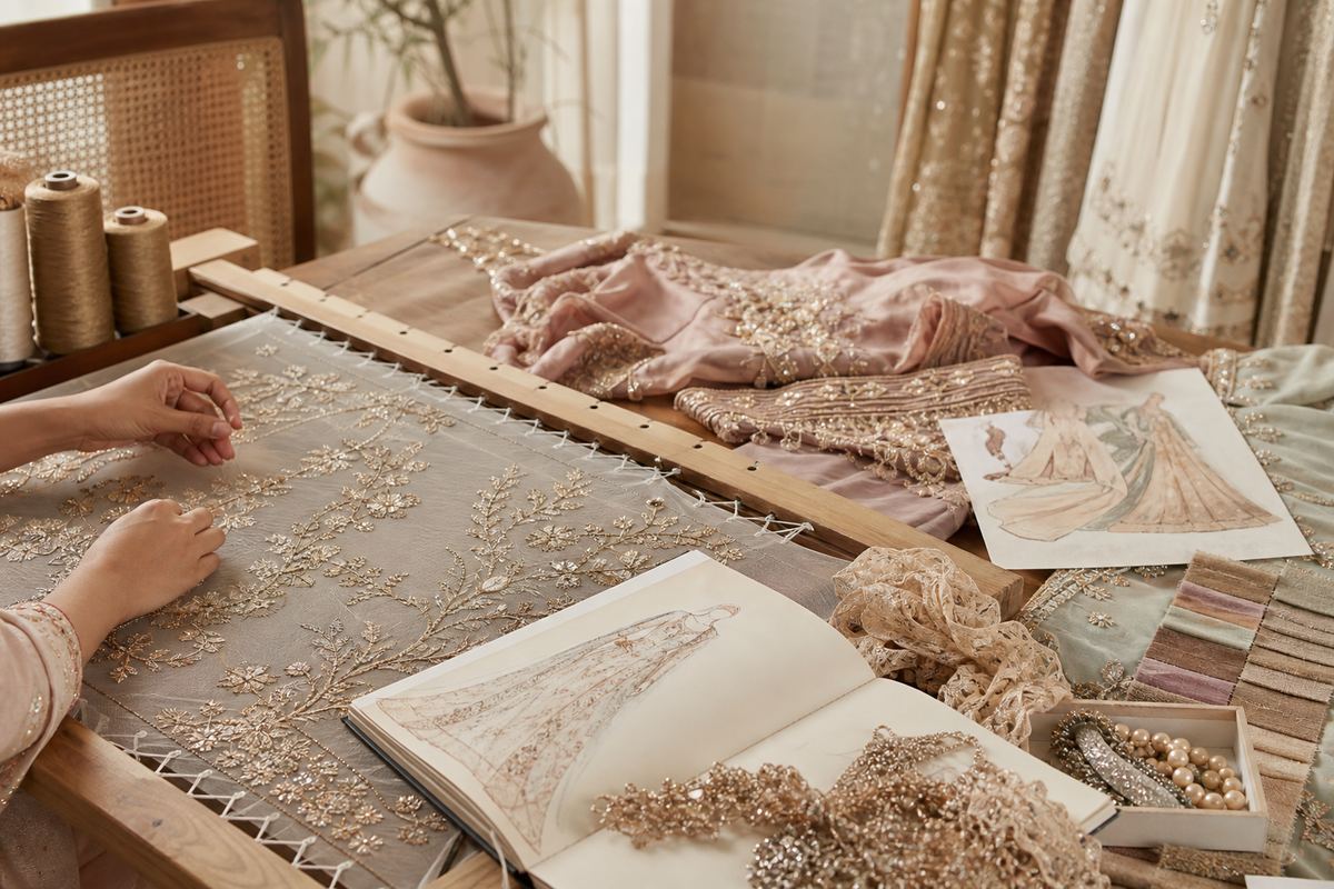 A serene Karachi bridal atelier vignette: an embroidery adda with stretched silk, gold thr