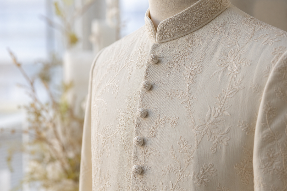 An ivory groom's sherwani fabric detail with tonal embroidery, self-buttons and a fine col