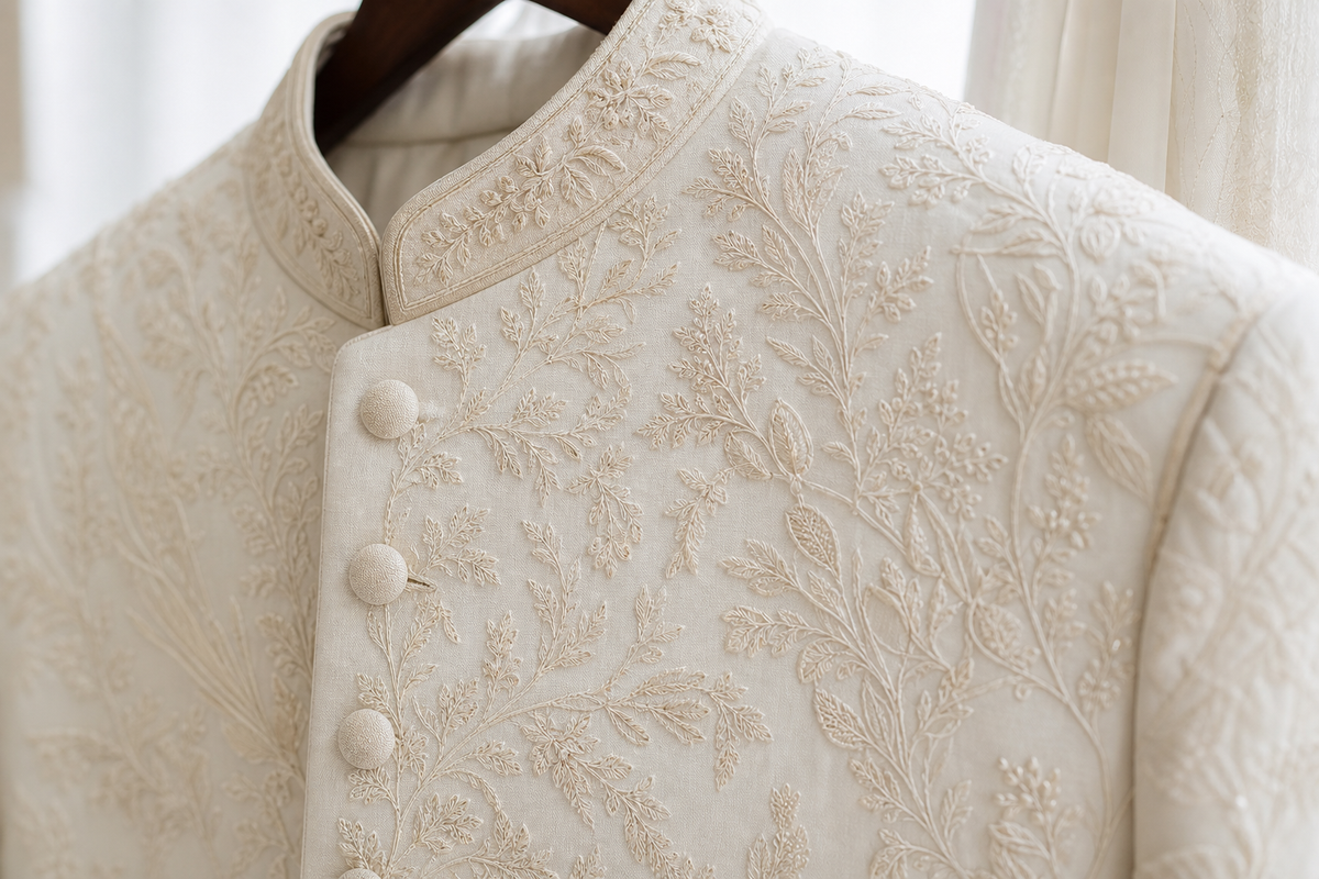 An ivory groom's sherwani fabric detail with tonal embroidery, self-buttons and a fine col