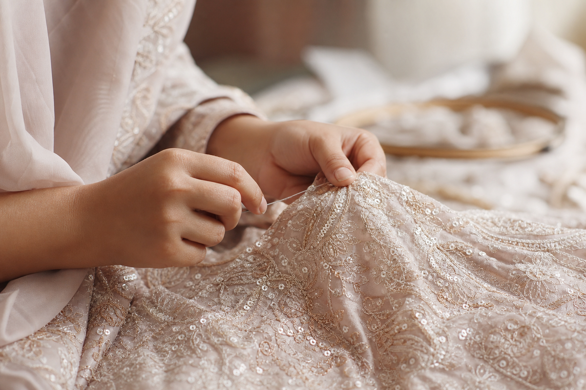 Soft hands working fine hand-embroidery on bridal fabric in warm light, a quiet tribute to