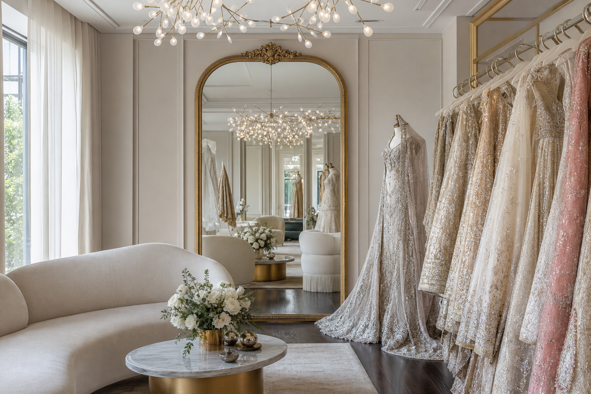 A calm, elegant South Asian bridal boutique interior in the Toronto area: soft daylight, d