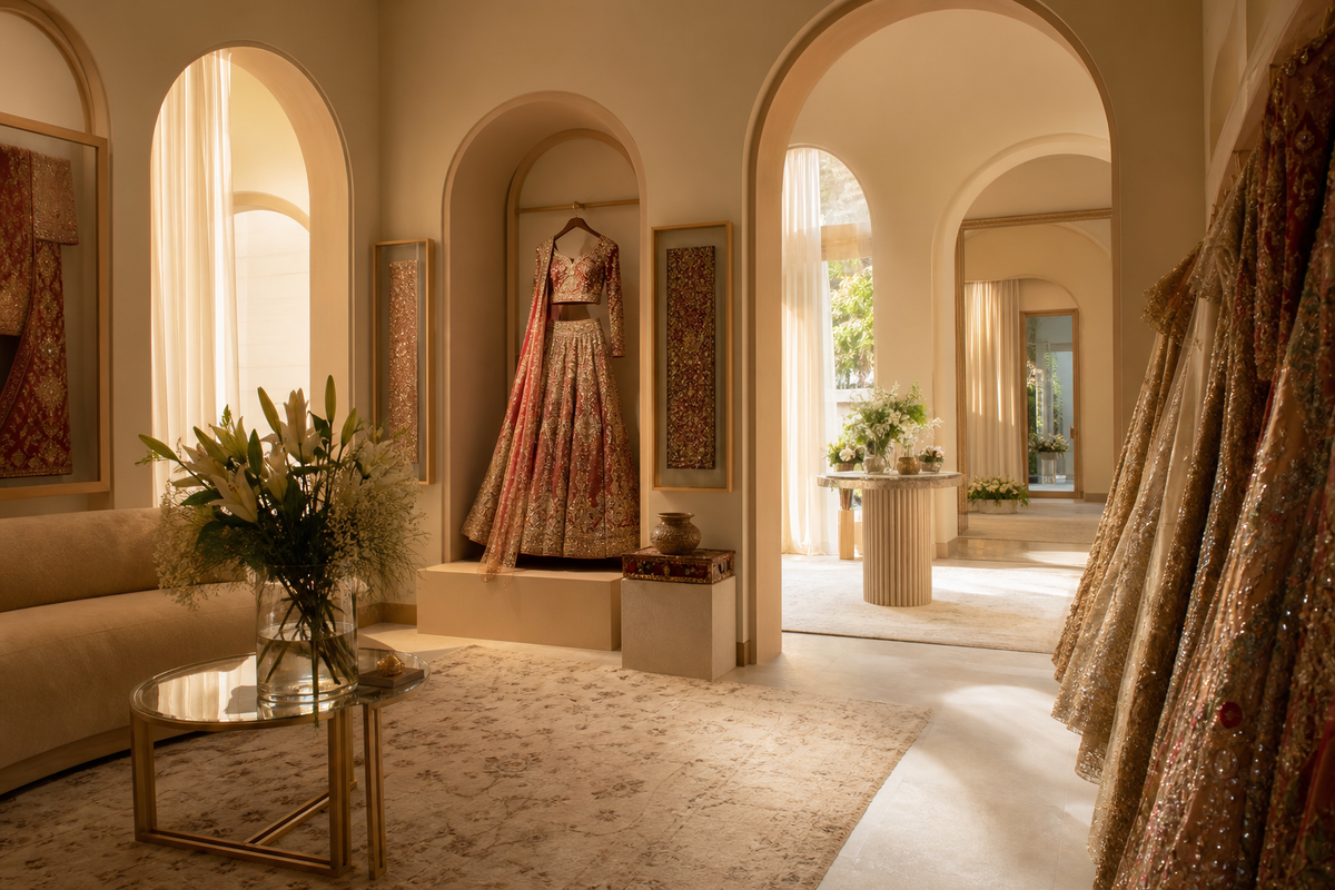 Noori House, a Karachi bridal studio interior at golden hour: arches, soft drapes, embroid