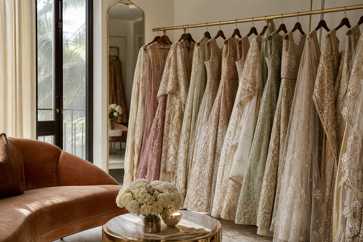 An elegant private bridal trunk-show setting: a rail of couture pieces and a velvet seat i