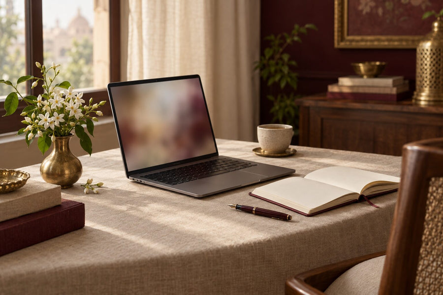 A laptop on a linen-covered desk with jasmine and a notebook
