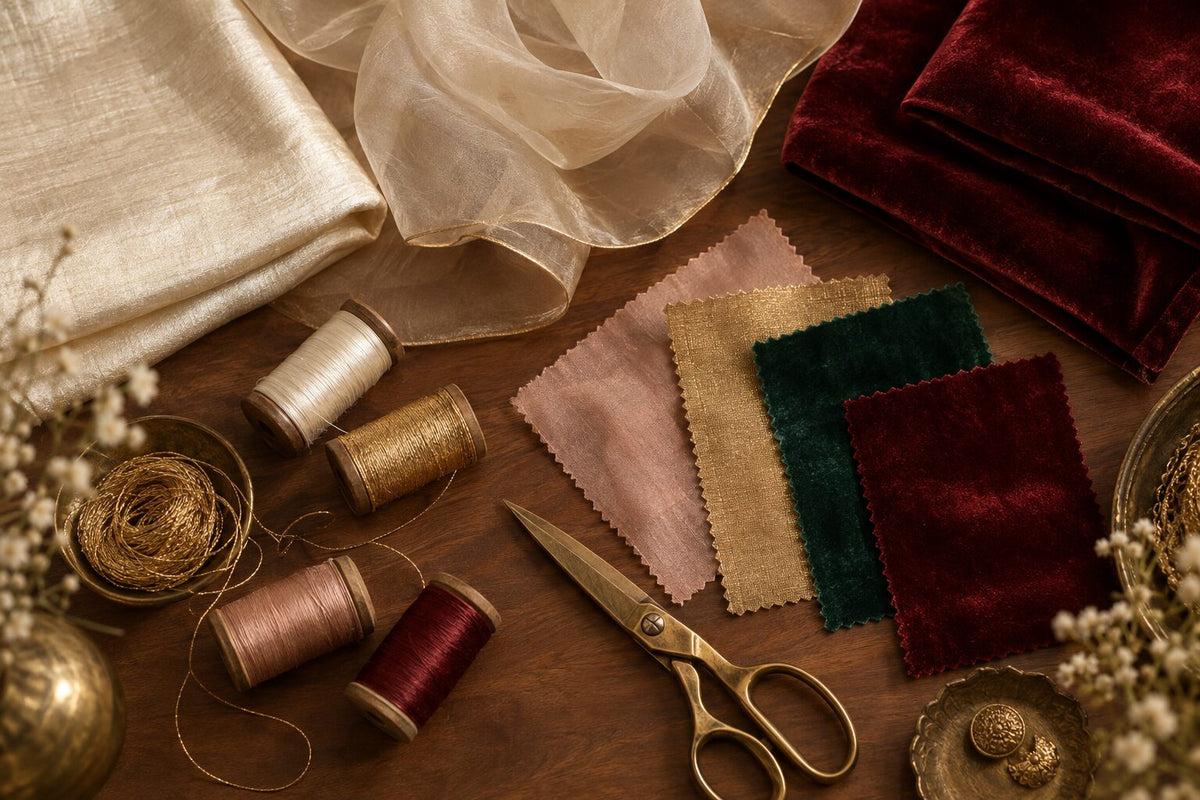 Silk, organza and velvet bridal fabric swatches with silk and gold thread