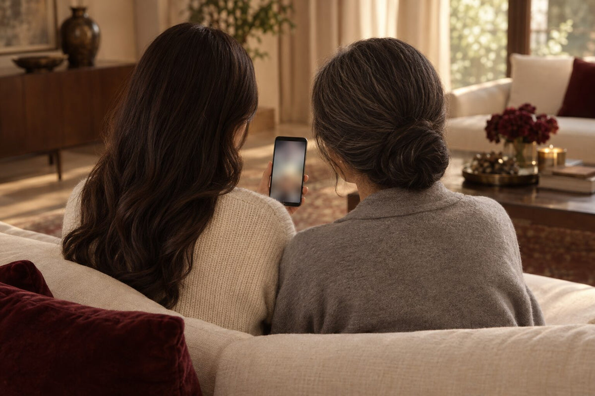 A bride and her mother on a sofa joining a virtual bridal consultation together on one phone