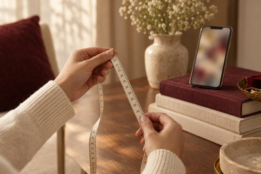 Hands holding a tailor's measuring tape at home for a guided measurement call