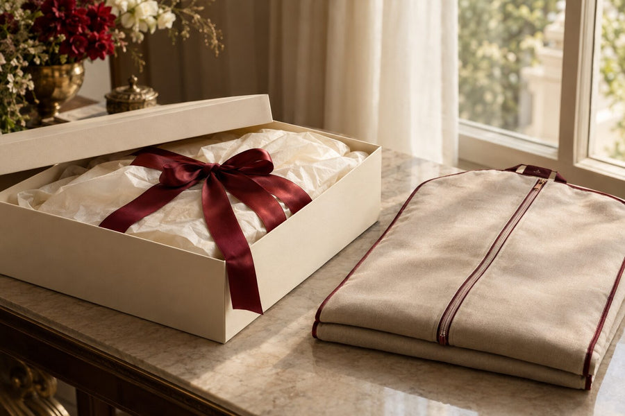 A cream box with tissue paper and a deep red ribbon, ready to ship a bridal outfit