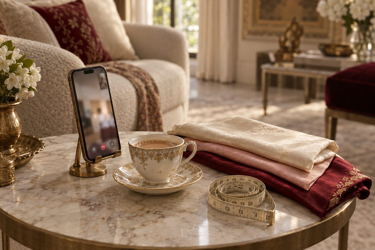 A phone on a stand ready for a virtual bridal consultation, beside chai, silk fabric swatches and a tailor's measuring tape