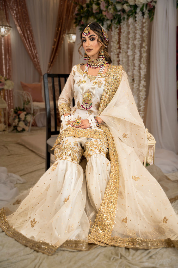 White and gold 2025 pakistani wedding dress